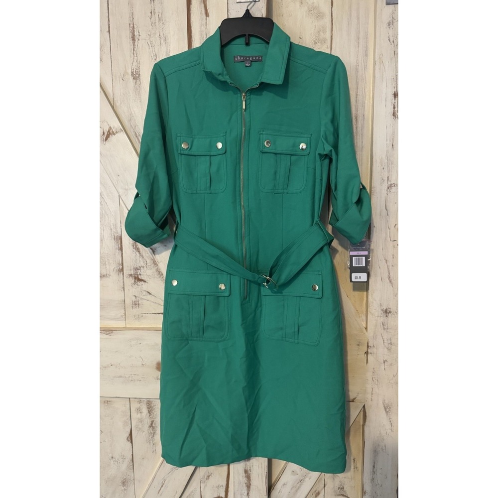 Sharagano Light Green  4-Pocket Zip Belted Shirt Dress Roll Tab Size‎ 6 - AS IS